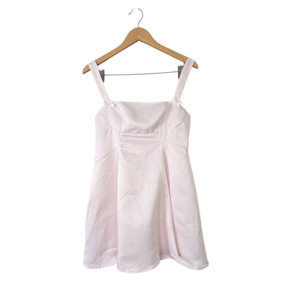 Lulus Flawlessly Flirty Blush Pink Satin Tie-Back Skater Mini Dress Size Large - Picture 3 of 7